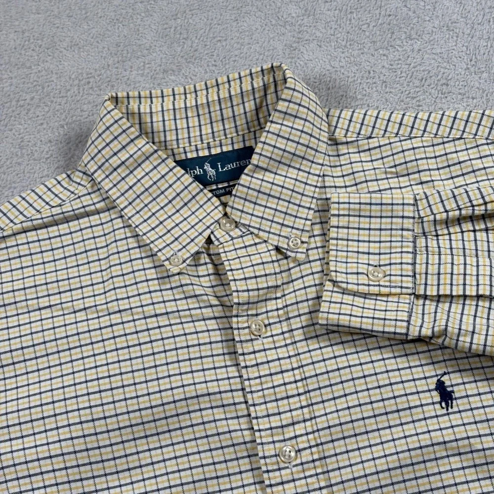 Polo Ralph Lauren Mens Custom Fit Button Down Shirt Yellow Navy Check Large